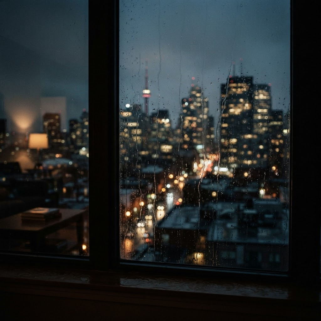 Rain-streaked apartment window looking out over downtown Toronto at night