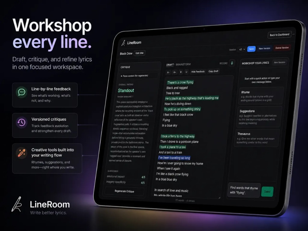 LineRoom songwriting workspace showing lyric drafting, line-by-line critique, version history, and rhyme tools in a dark interface